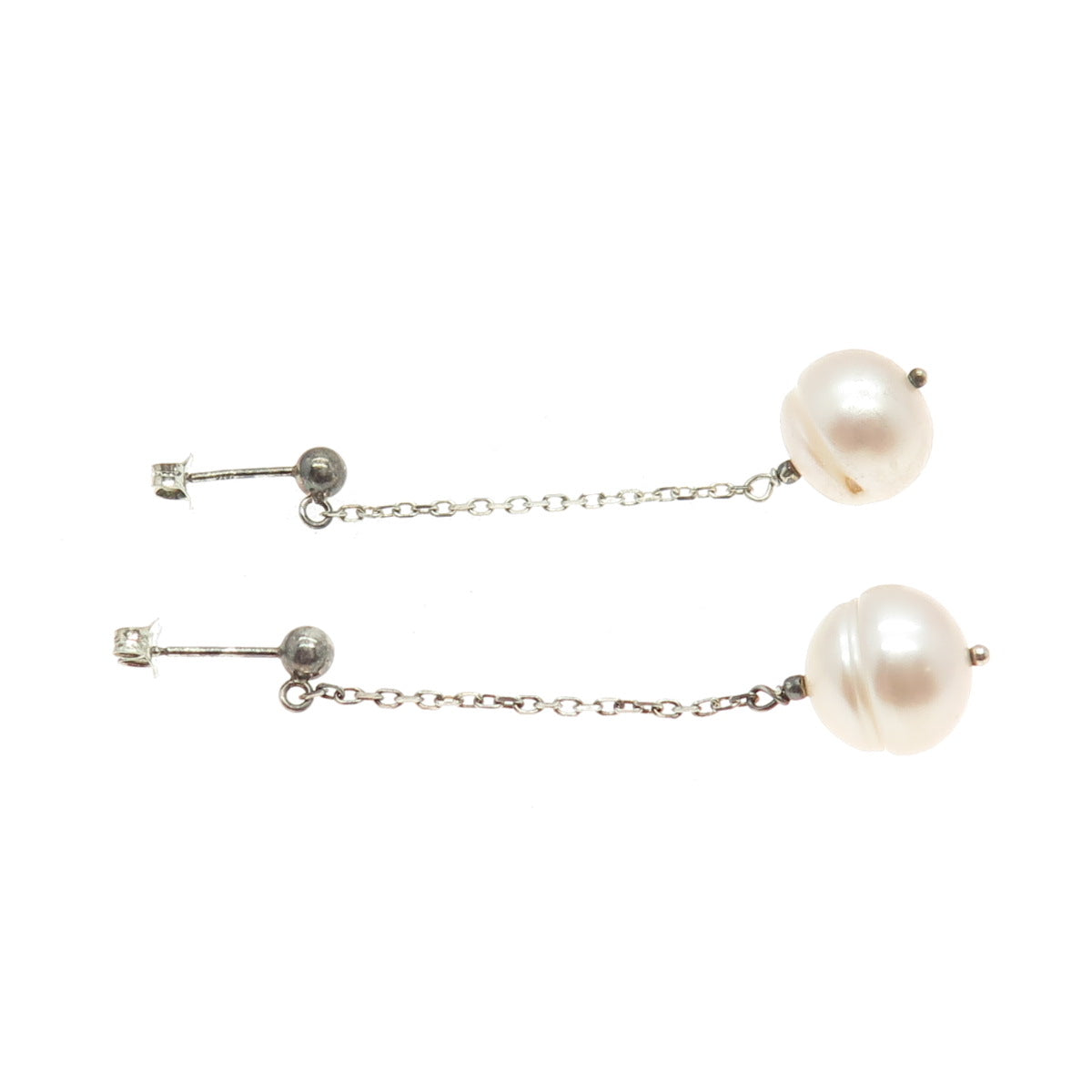 925 Sterling Silver Vintage Real Pearl Chain Drop Dangle Earrings