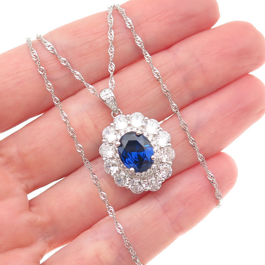925 Sterling Silver Blue & White C Z Singapore Chain Necklace 18-20"
