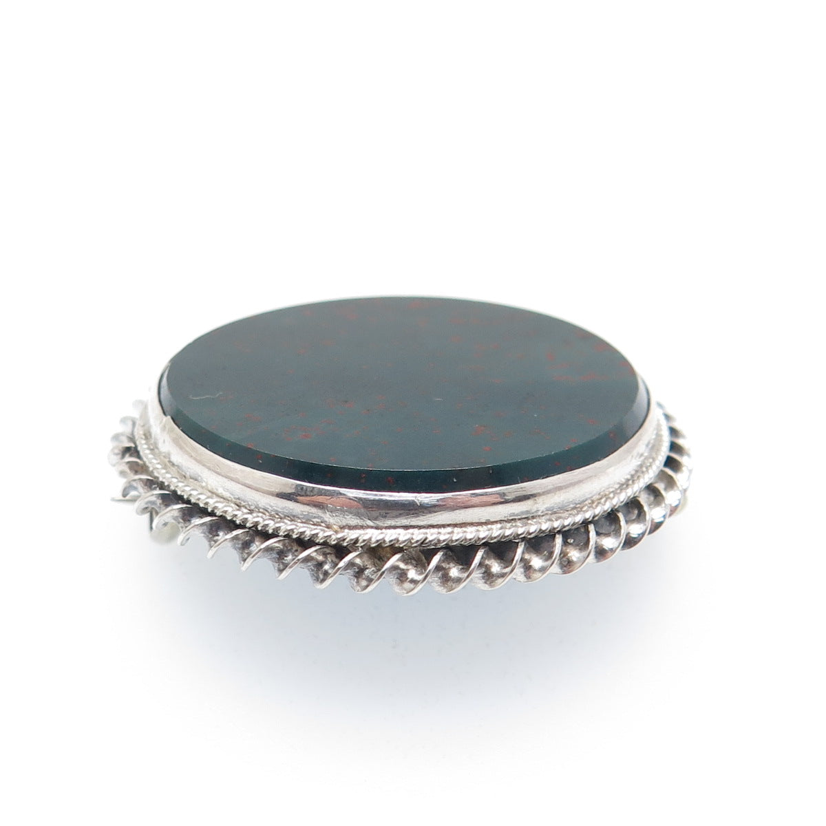 Silver-Tone Antique Victorian Real Round-Cut Bloodstone Twisted Bezel Pin Brooch
