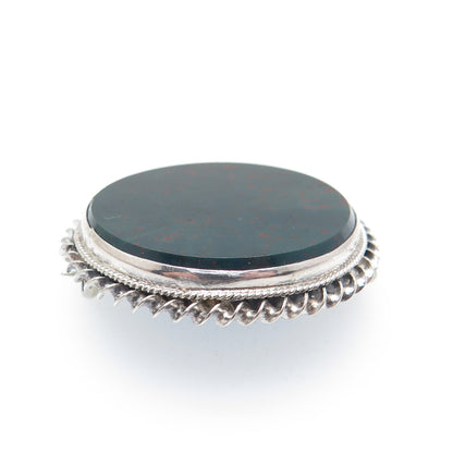 Silver-Tone Antique Victorian Real Round-Cut Bloodstone Twisted Bezel Pin Brooch