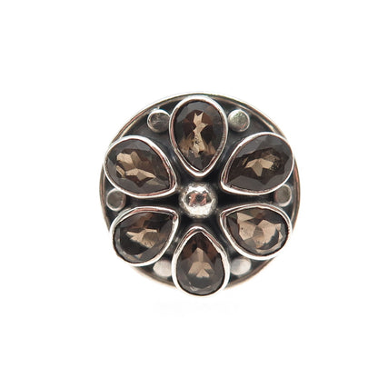 925 Sterling Silver Vintage Real Smoky Quartz Modernist Flower Ring Size 5