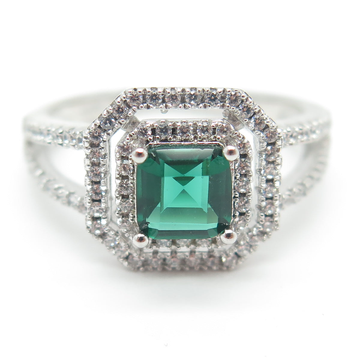 925 Sterling Silver Nano Emerald & Round-Cut C Z Ring Size 9