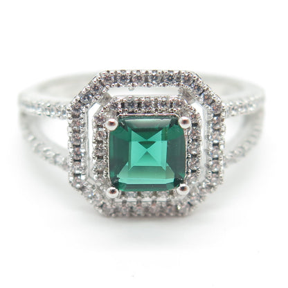 925 Sterling Silver Nano Emerald & Round-Cut C Z Ring Size 9