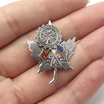 925 Sterling Silver Antique Art Deco Canadian Red Ensign & USA Flag Pin Brooch