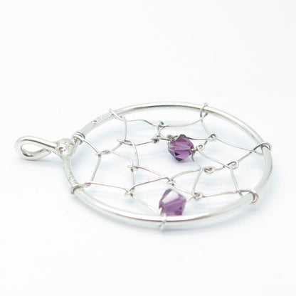 925 Sterling Silver Vintage Real Amethyst Gemstone Spiderweb Pendant