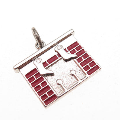 Wells 925 Sterling Silver Vintage Enamel Merry Christmas Fireplace Charm Pendant