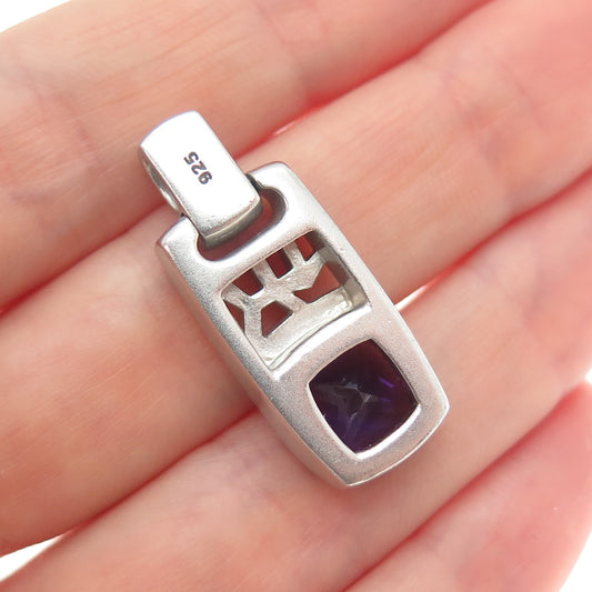 925 Sterling Silver Real Amethyst Modernist Slide Charm Pendant