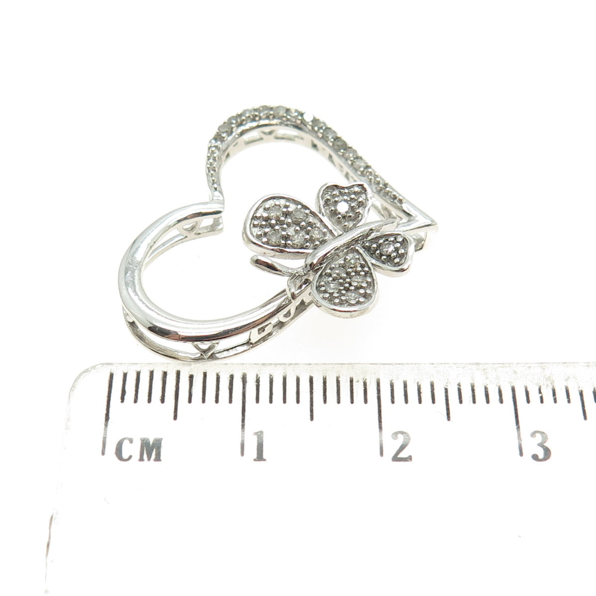 925 Sterling Silver Real Round-Cut Diamond Heart Butterfly Slide Pendant