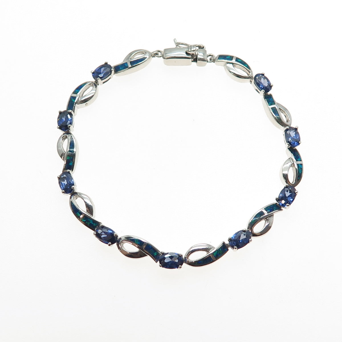 925 Sterling Silver Vintage Real Opal & Iolite Ribbon Link Bracelet 7.25"