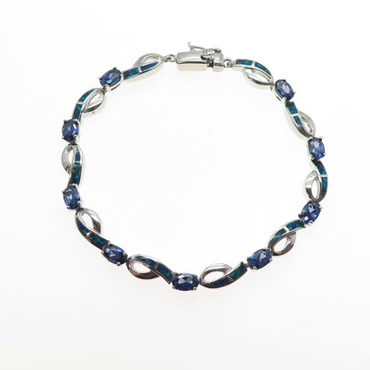 925 Sterling Silver Vintage Real Opal & Iolite Ribbon Link Bracelet 7.25"