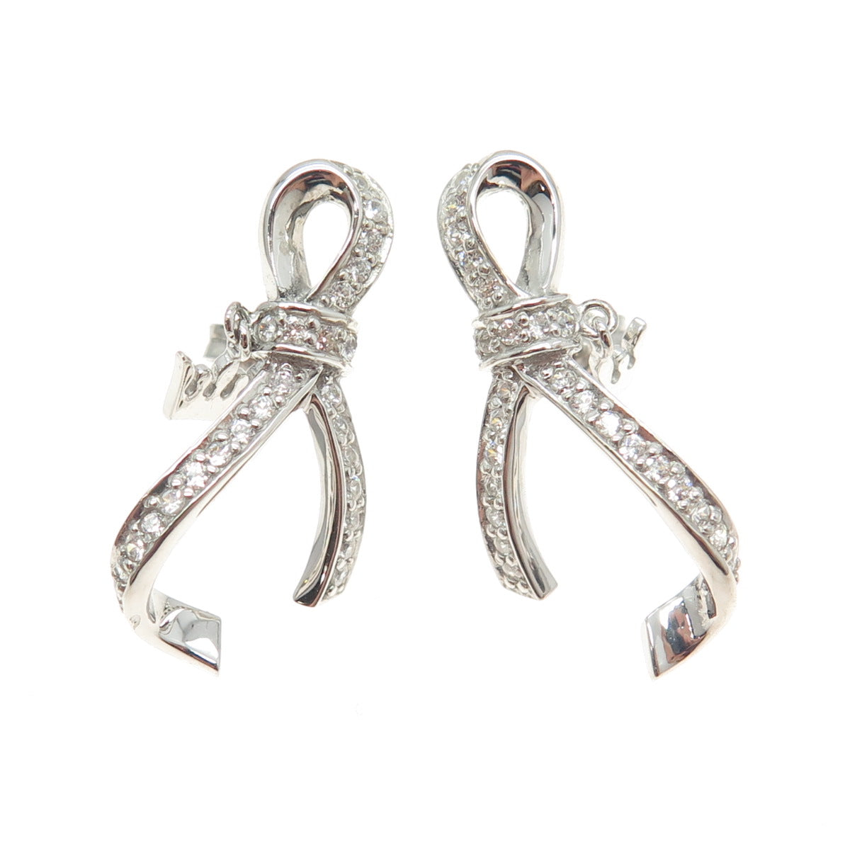 925 Sterling Silver Round-Cut Shaped C Z Ribbon Earrings