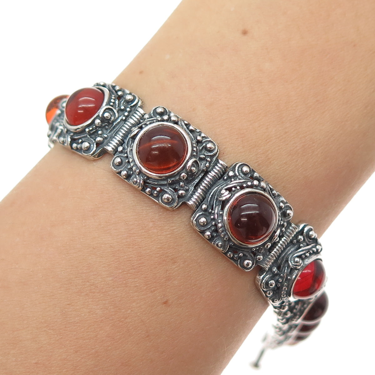 925 Sterling Silver Vintage Poland Real Amber Granulated Oxidized Bracelet 7.75"