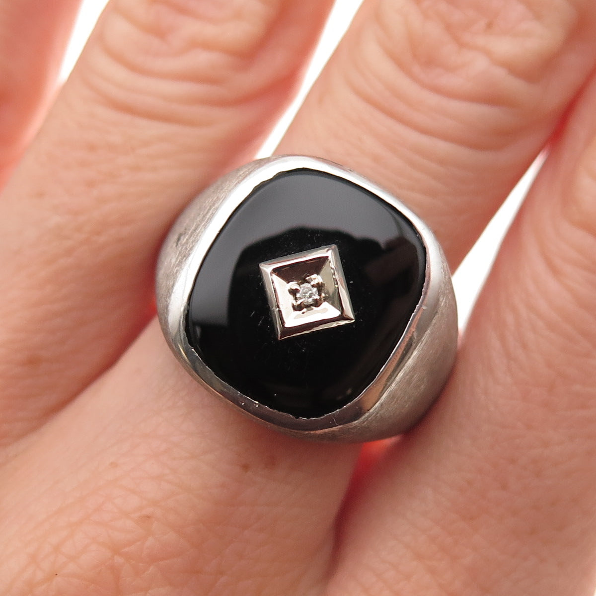 925 Sterling Silver Gold Accent Vintage Real Diamond & Black Onyx Ring Size 10