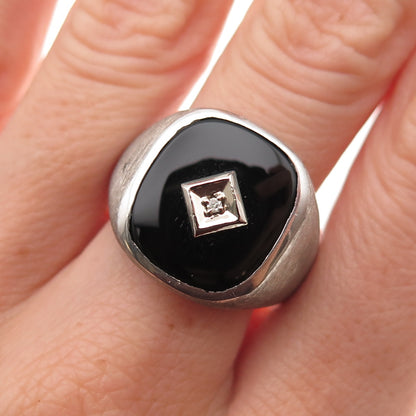 925 Sterling Silver Gold Accent Vintage Real Diamond & Black Onyx Ring Size 10