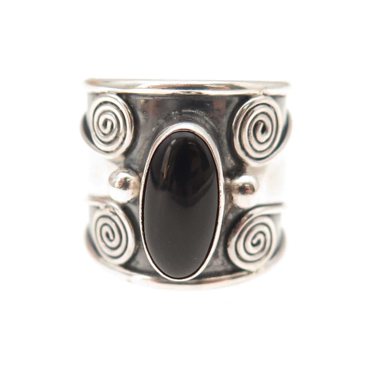 925 Sterling Silver Vintage Real Black Onyx Spiral Oxidized Ring Size 6.75