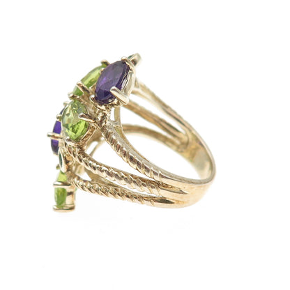 925 Sterling Silver Gold Plated Real Amethyst & Peridot Cluster Ring Size 6.25