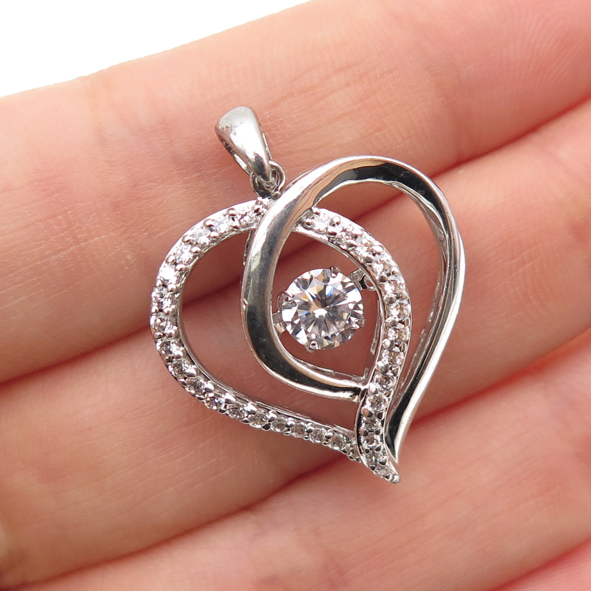 JH YOUNG 925 Sterling Silver Round-Cut C Z Heart Charm Pendant