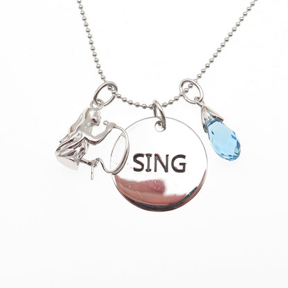 925 Sterling Silver Blue C Z Sing Multi-Charm Ball Beaded Chain Necklace 18"
