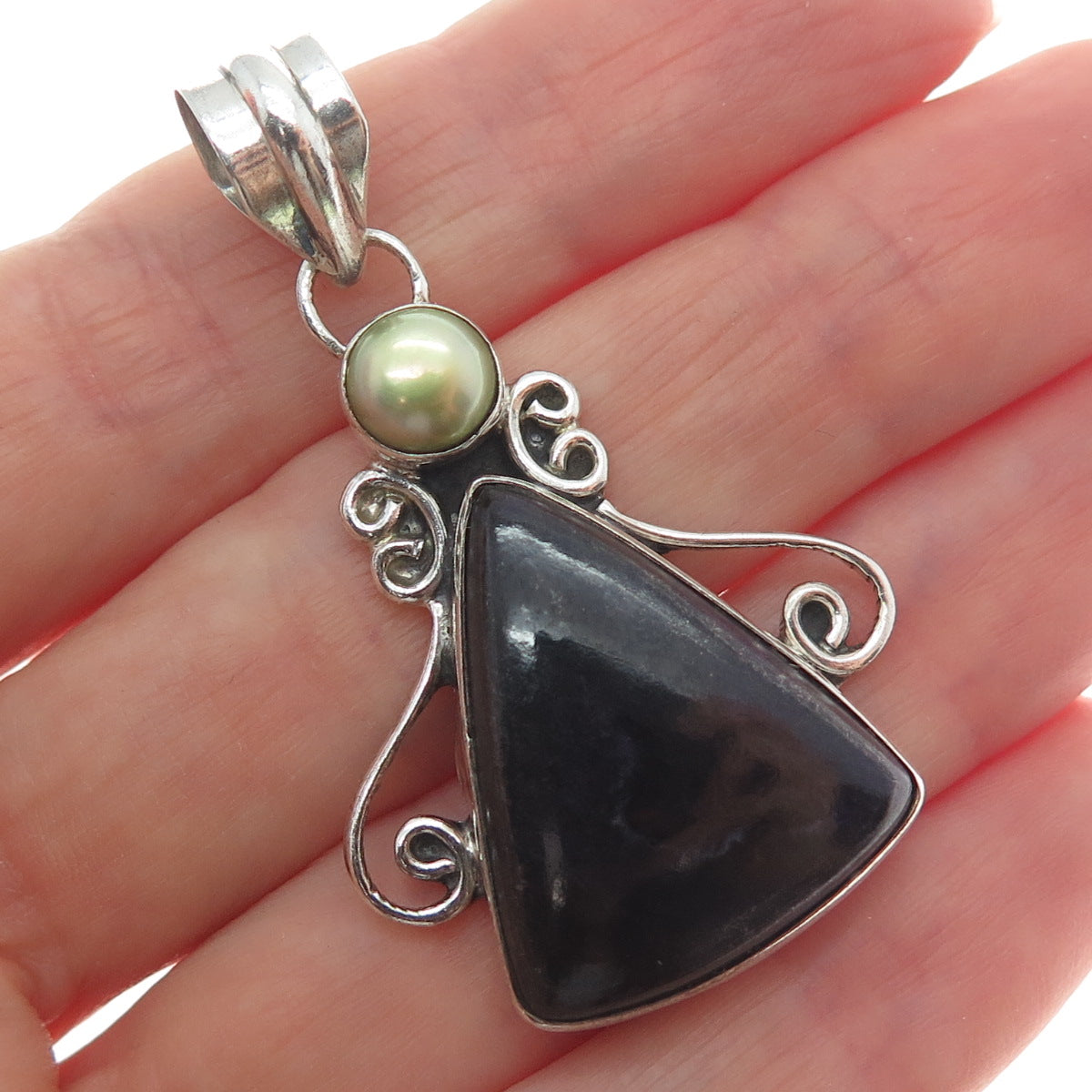925 Sterling Silver Vintage Real Pearl & Black Onyx Modernist Oxidized Pendant
