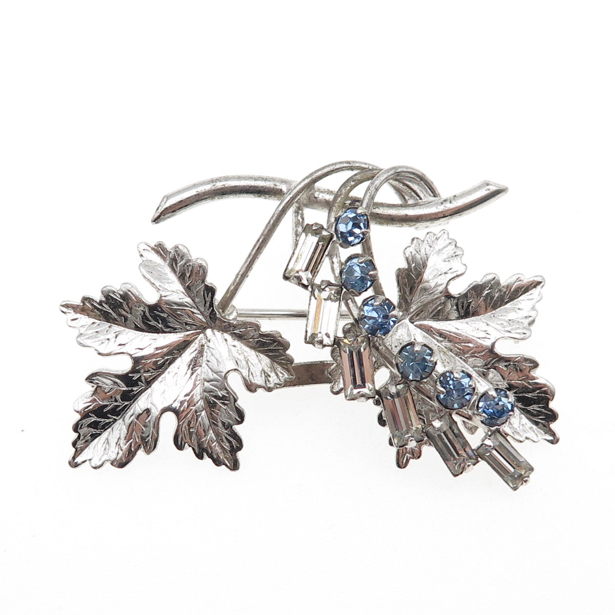 CARL ART Sterling Silver Antique Art Deco Blue & White Rhinestone Floral Brooch