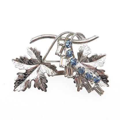 CARL ART Sterling Silver Antique Art Deco Blue & White Rhinestone Floral Brooch