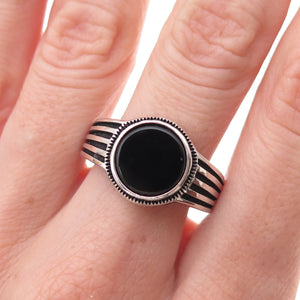 925 Sterling Silver Vintage Real Black Onyx Modernist Oxidized Ring Size 10.5