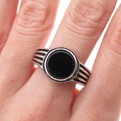 925 Sterling Silver Vintage Real Black Onyx Modernist Oxidized Ring Size 10.5