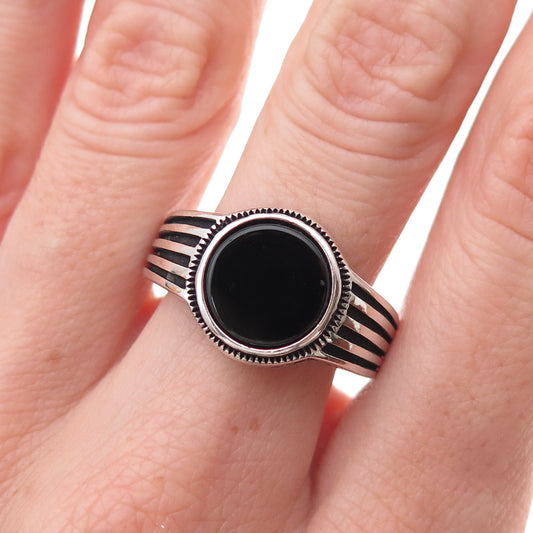 925 Sterling Silver Vintage Real Black Onyx Modernist Oxidized Ring Size 10.5