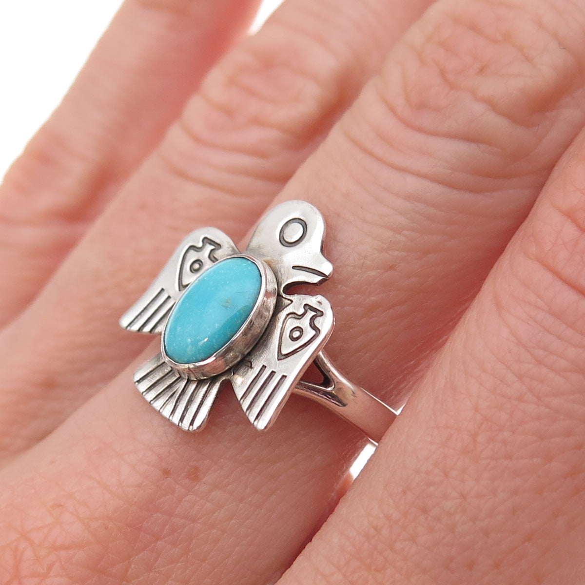 Old Pawn 925 Sterling Silver Vintage Turquoise Thunderbird Tribal Ring Size 7.75