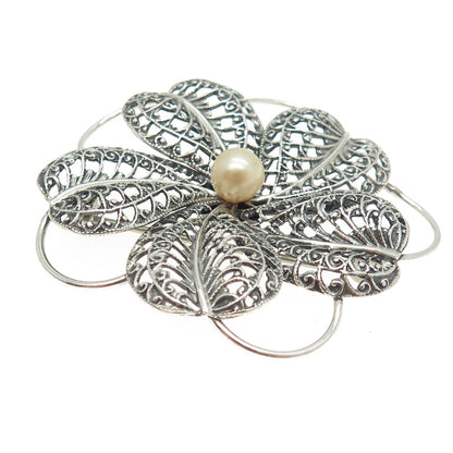 BEAU 925 Sterling Silver Vintage Faux Pearl Floral Filigree Pin Brooch