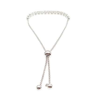 925 Sterling Silver Real Diamond Tennis Link Adjustable Bolo Bracelet 6-8.5"