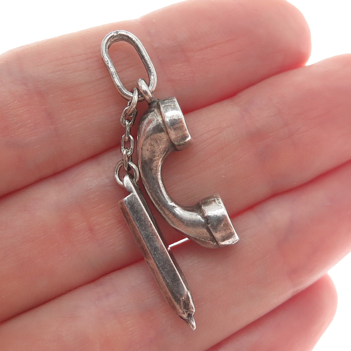 925 Sterling Vintage Italy Telephone Receiver & Pencil Minimalist Charm Pendant