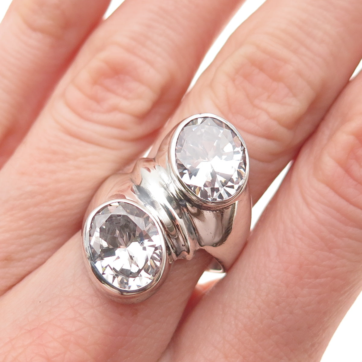 925 Sterling Silver Vintage Mexico Oval-Cut C Z Modernist Bypass Ring Size 8