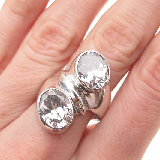 925 Sterling Silver Vintage Mexico Oval-Cut C Z Modernist Bypass Ring Size 8