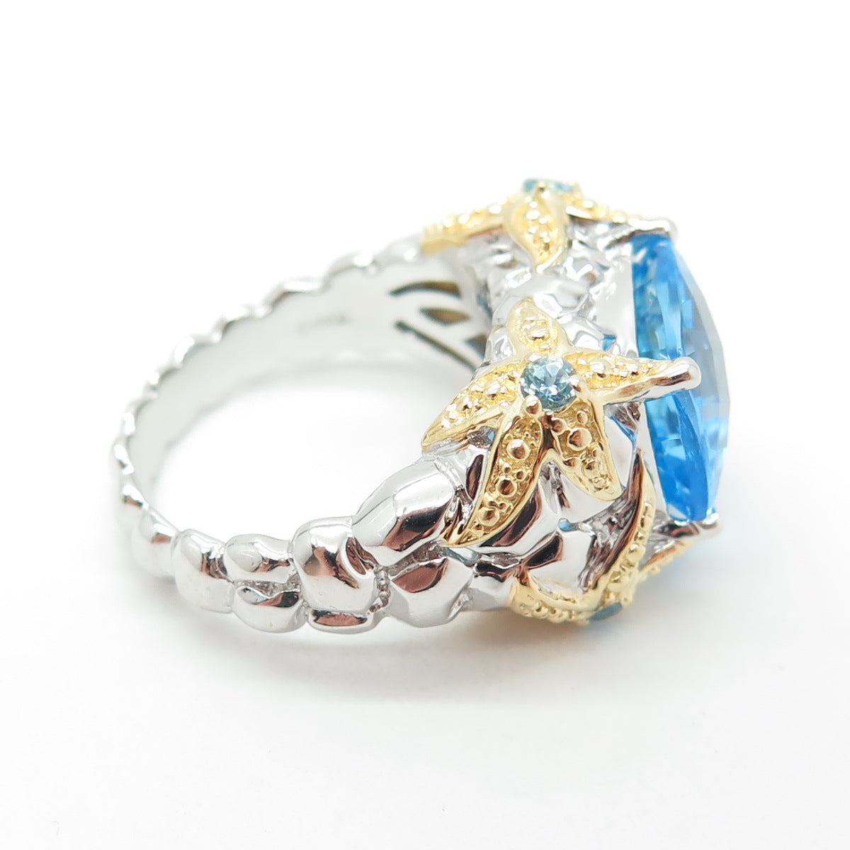 925 Sterling Silver 2-Tone Real Blue Topaz Gemstone Starfish Ring Size 7