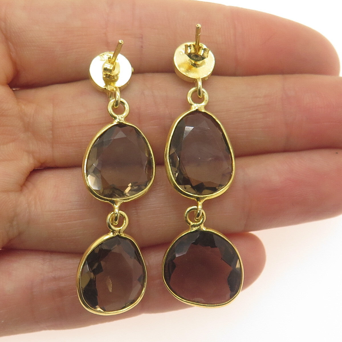 925 Sterling Silver Gold Plated Vintage Smoky Quartz Modernist Dangle Earrings