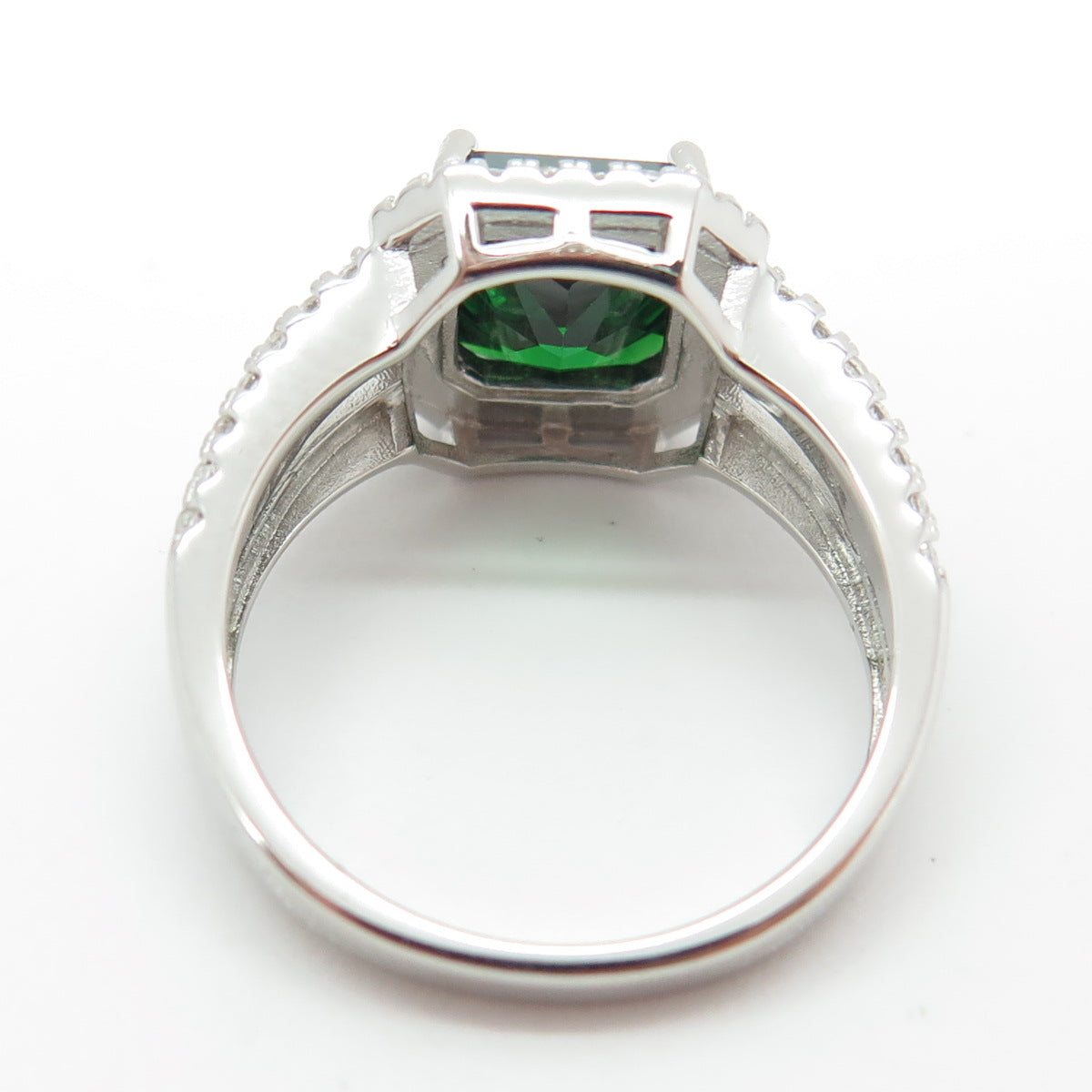 925 Sterling Silver Green Octagon-Cut & White Round-Cut Shaped C Z Ring Size 8