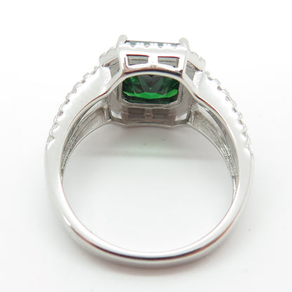 925 Sterling Silver Green Octagon-Cut & White Round-Cut Shaped C Z Ring Size 8