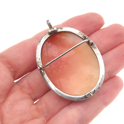 800 Silver Antique Art Deco Real MOP Carved Lady Cameo Pin Brooch / Pendant