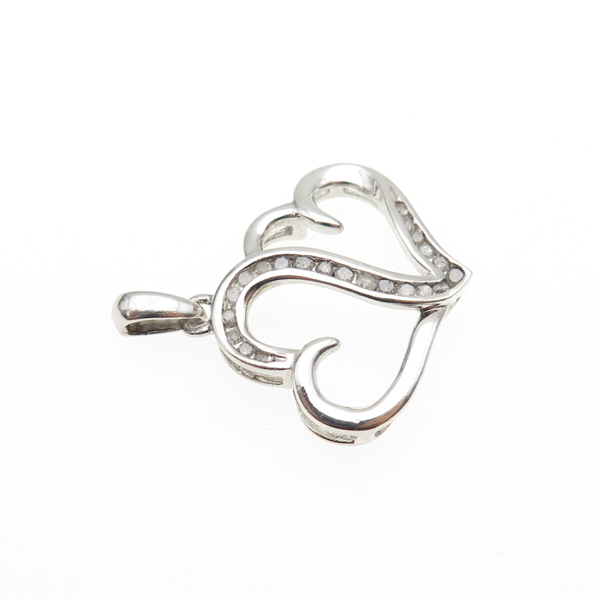 925 Sterling Silver Real Round-Cut Diamond Couple Heart Mini Charm Pendant