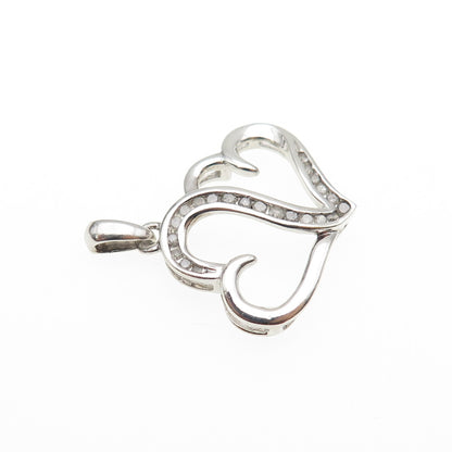 925 Sterling Silver Real Round-Cut Diamond Couple Heart Mini Charm Pendant