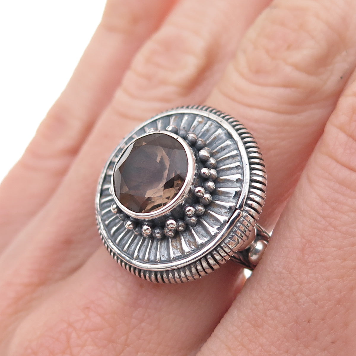 Samuel Benham 925 Sterling Silver Vintage Real Smoky Quartz Oxidized Ring Size 6