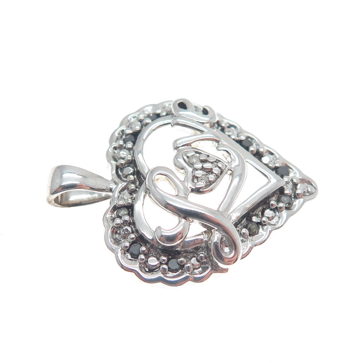 925 Sterling Silver Real White & Black Diamond "Love" Heart Pendant