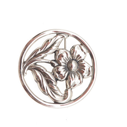 925 Sterling Silver Vintage Floral Oxidized Pin Brooch