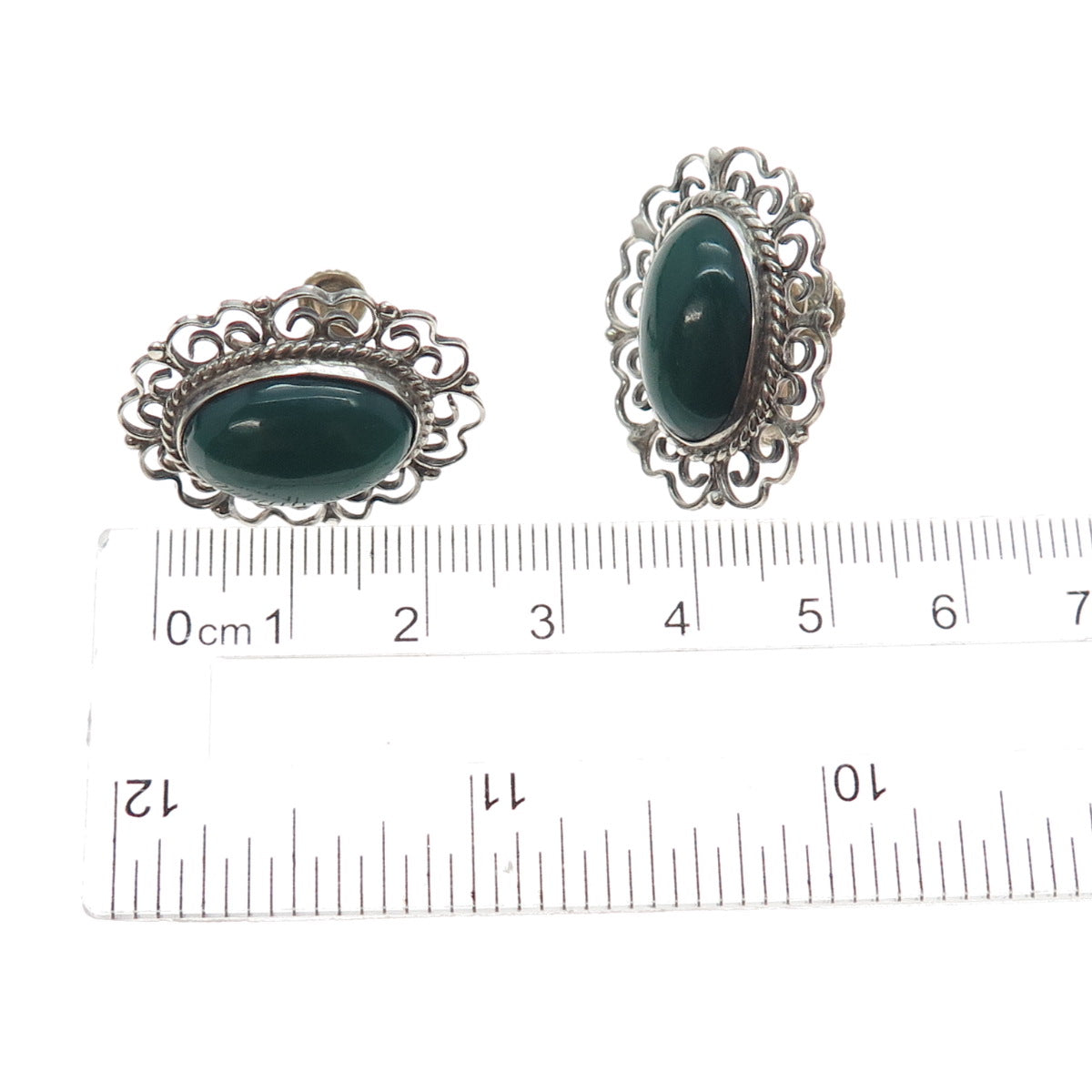 925 Sterling Silver Vintage Mexico Real Green Onyx Filigree Screw Back Earrings