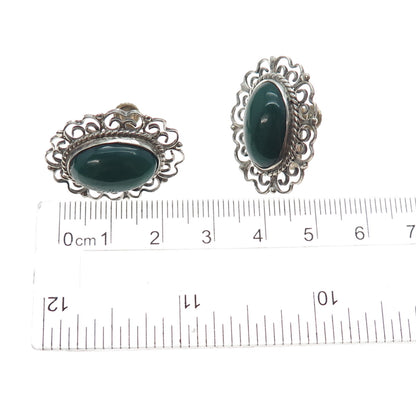 925 Sterling Silver Vintage Mexico Real Green Onyx Filigree Screw Back Earrings