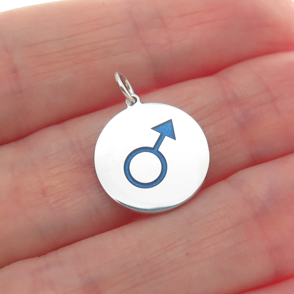 925 Sterling Silver Blue Enamel Male Symbol Round Tag Minimalist Charm Pendant