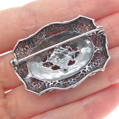 925 Sterling Silver Vintage Real Black Onyx Floral Oxidized Pin Brooch
