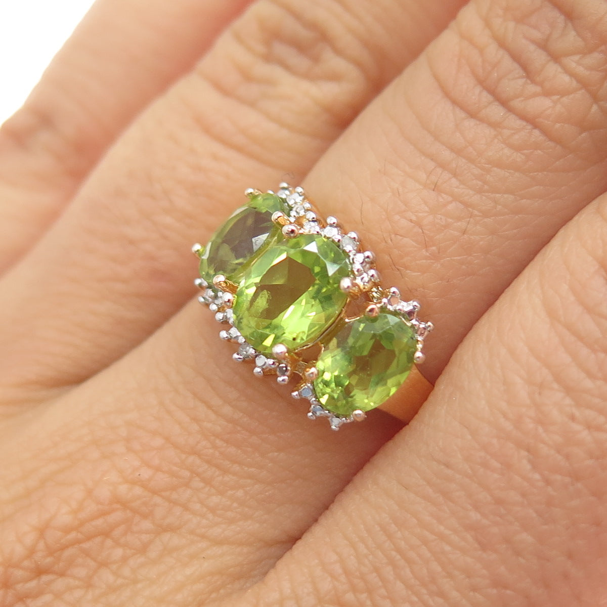 ROSS SIMONS 925 Sterling Silver Gold Plated Real Diamond & Peridot Ring Size 7