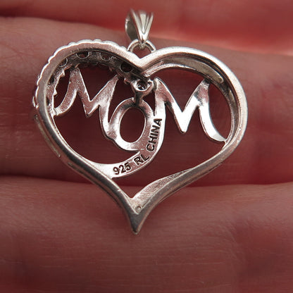 Richline 925 Sterling Silver Real Round-Cut Diamond Mom Heart Charm Pendant
